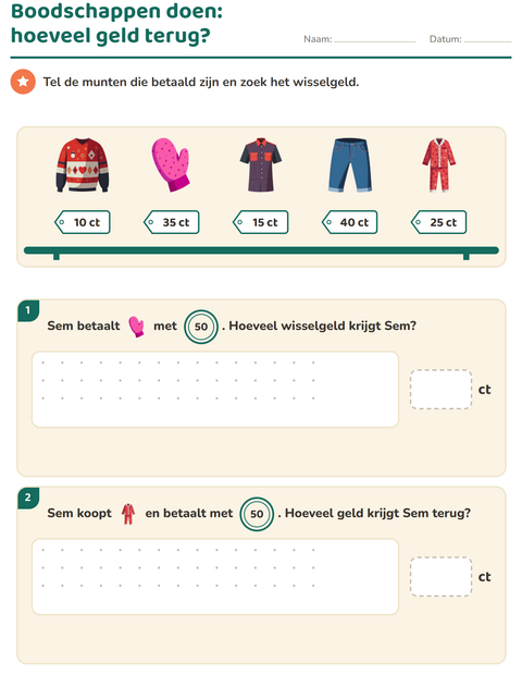 Voorbeeld van het Rekenen met geld-werkblad met Kleding voor groep 4