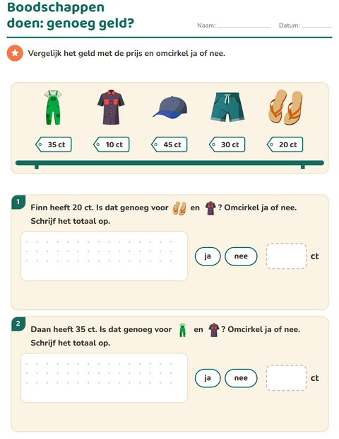 Voorbeeld van het Rekenen met geld-werkblad met Kleding voor groep 4