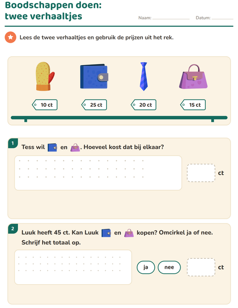 Voorbeeld van het Rekenen met geld-werkblad met Accessoires voor groep 4