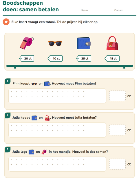 Voorbeeld van het Rekenen met geld-werkblad met Accessoires voor groep 4