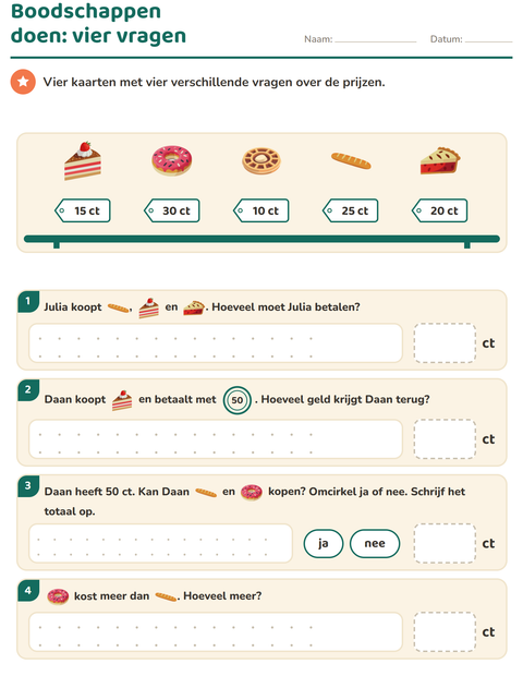 Voorbeeld van het Rekenen met geld-werkblad met Bakkerij voor groep 4