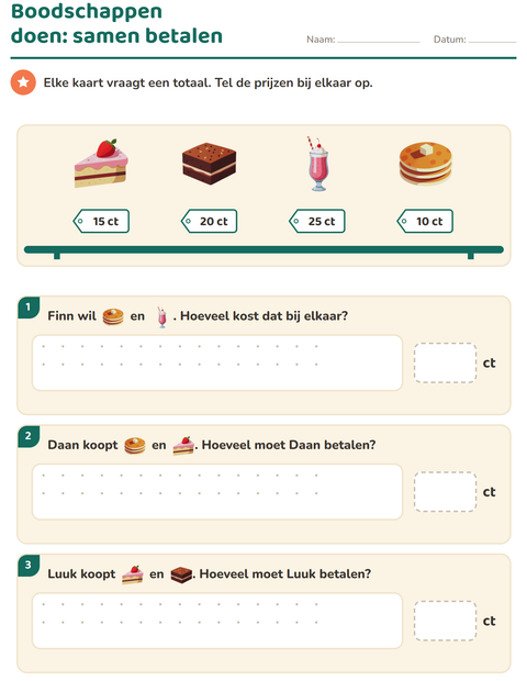 Voorbeeld van het Rekenen met geld-werkblad met Desserts en snoep voor groep 4