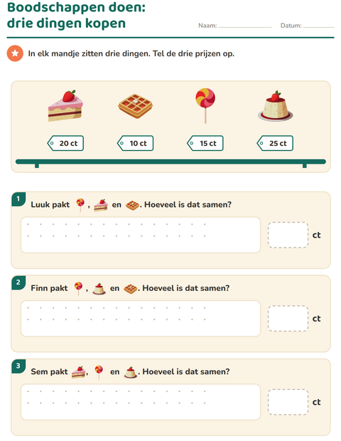 Voorbeeld van het Rekenen met geld-werkblad met Desserts en snoep voor groep 4