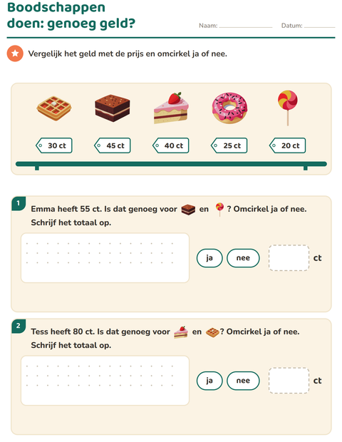 Voorbeeld van het Rekenen met geld-werkblad met Desserts en snoep voor groep 4