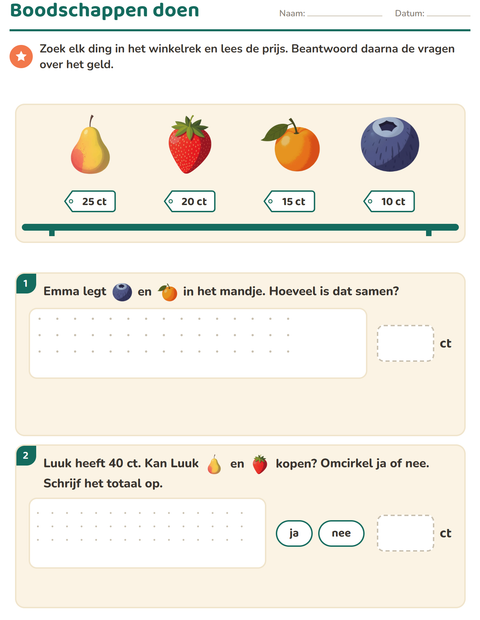 Voorbeeld van het Rekenen met geld-werkblad met Fruit voor groep 4