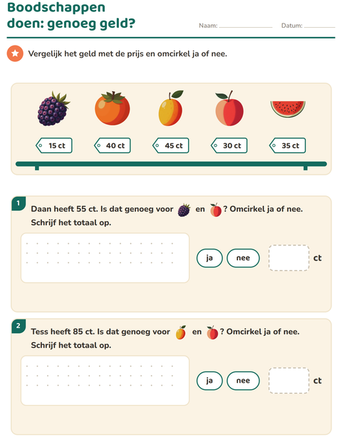 Voorbeeld van het Rekenen met geld-werkblad met Fruit voor groep 4