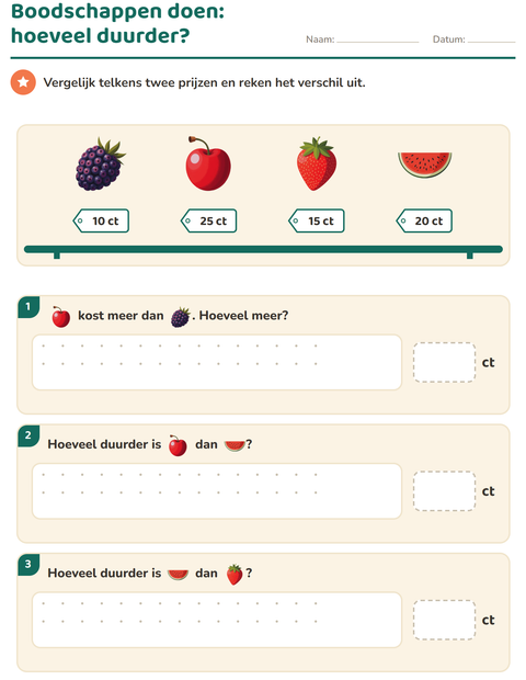 Voorbeeld van het Rekenen met geld-werkblad met Fruit voor groep 4