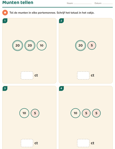 Voorbeeld van het Rekenen met geld-werkblad voor groep 3