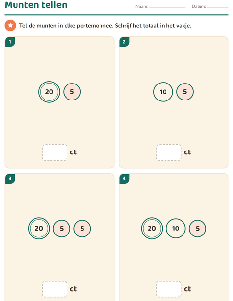 Voorbeeld van het Rekenen met geld-werkblad voor groep 3