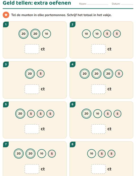 Voorbeeld van het Rekenen met geld-werkblad voor groep 3