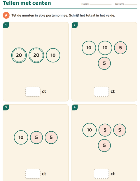 Voorbeeld van het Rekenen met geld-werkblad voor groep 3