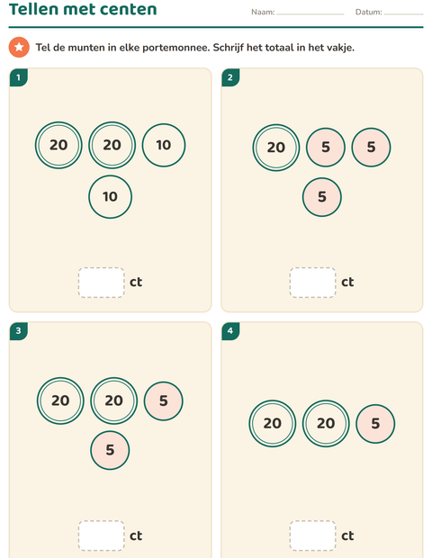 Voorbeeld van het Rekenen met geld-werkblad voor groep 3