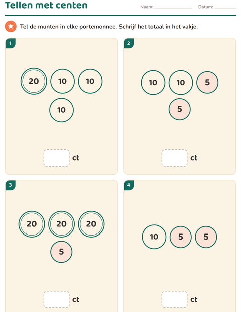 Voorbeeld van het Rekenen met geld-werkblad voor groep 3
