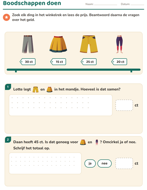 Voorbeeld van het Rekenen met geld-werkblad met Kleding voor groep 4
