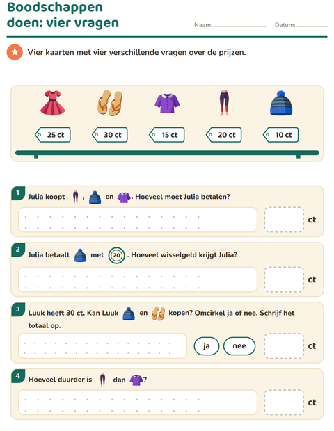 Voorbeeld van het Rekenen met geld-werkblad met Kleding voor groep 4