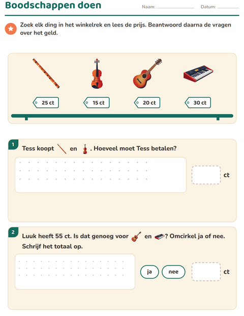 Voorbeeld van het Rekenen met geld-werkblad met Muziek voor groep 4