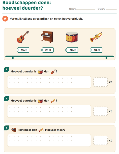 Voorbeeld van het Rekenen met geld-werkblad met Muziek voor groep 4