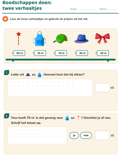 Voorbeeld van het Rekenen met geld-werkblad met Accessoires voor groep 4