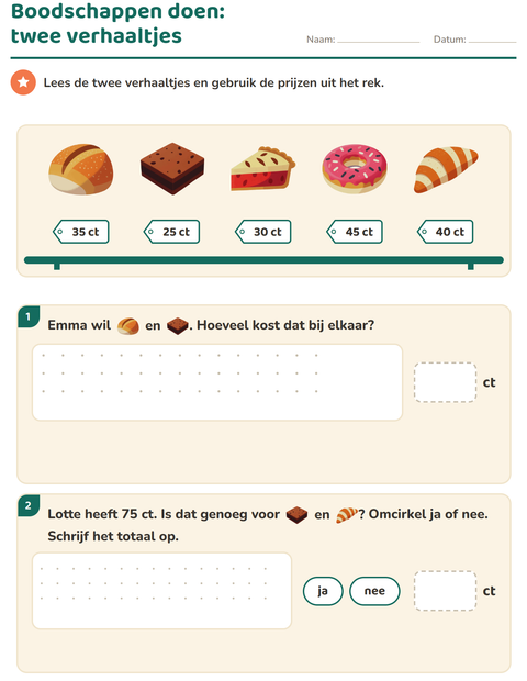 Voorbeeld van het Rekenen met geld-werkblad met Bakkerij voor groep 4