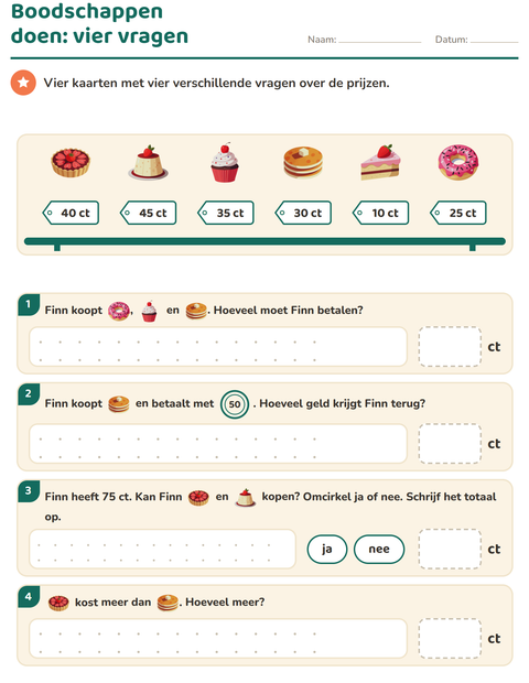 Voorbeeld van het Rekenen met geld-werkblad met Desserts en snoep voor groep 4
