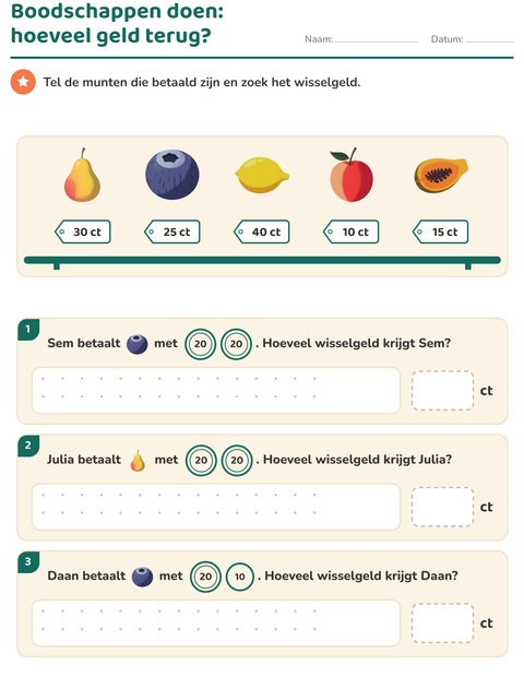 Voorbeeld van het Rekenen met geld-werkblad met Fruit voor groep 4