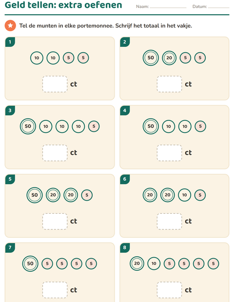 Voorbeeld van het Rekenen met geld-werkblad voor groep 3