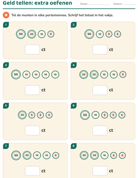 Voorbeeld van het Rekenen met geld-werkblad voor groep 3