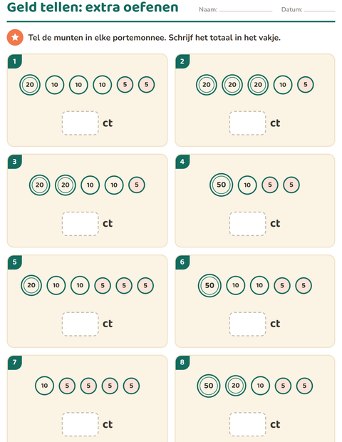 Voorbeeld van het Rekenen met geld-werkblad voor groep 3