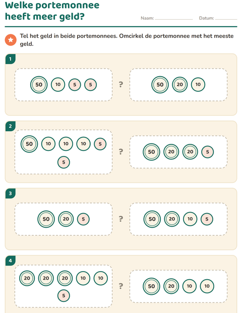 Voorbeeld van het Rekenen met geld-werkblad voor groep 3