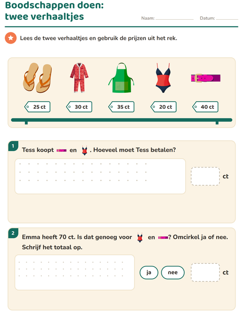 Voorbeeld van het Rekenen met geld-werkblad met Kleding voor groep 4