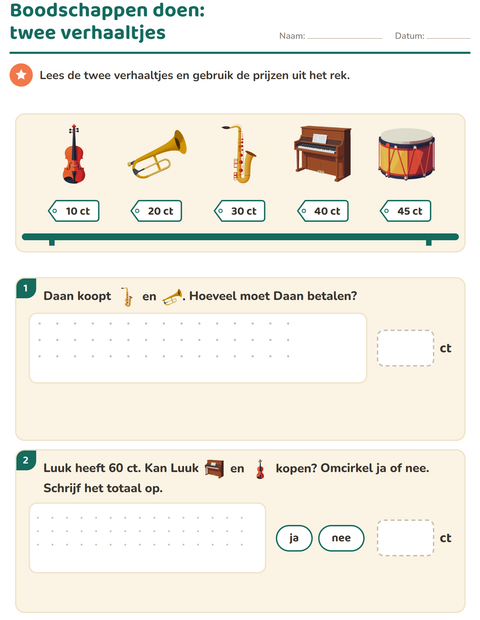 Voorbeeld van het Rekenen met geld-werkblad met Muziek voor groep 4