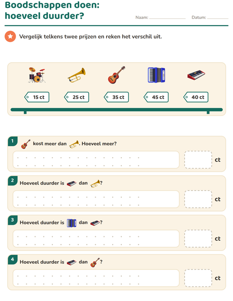 Voorbeeld van het Rekenen met geld-werkblad met Muziek voor groep 4