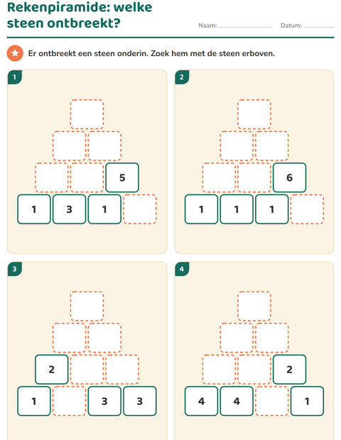 Voorbeeld van het Rekenpiramides-werkblad voor groep 3
