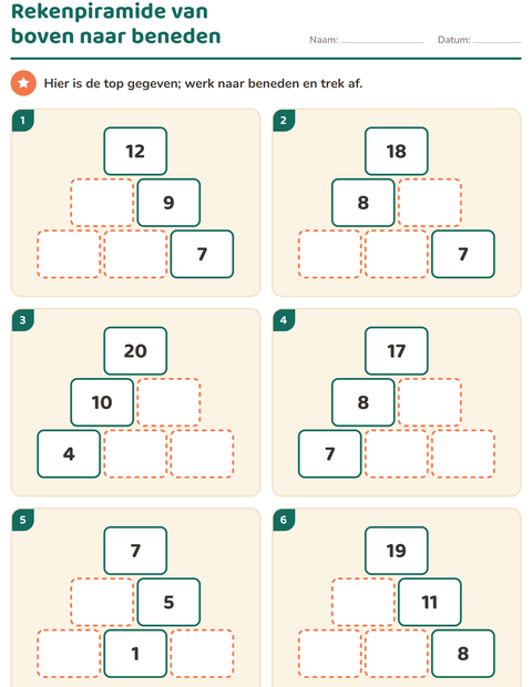 Voorbeeld van het Rekenpiramides-werkblad voor groep 3