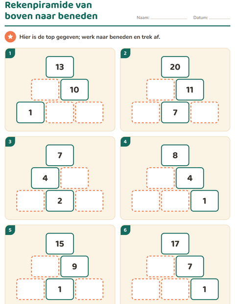 Voorbeeld van het Rekenpiramides-werkblad voor groep 3
