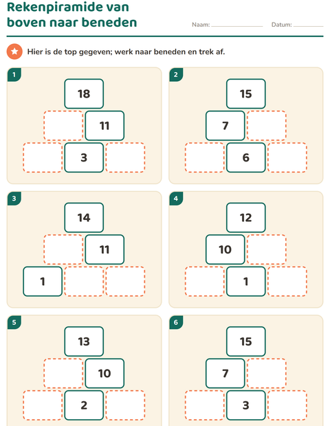 Voorbeeld van het Rekenpiramides-werkblad voor groep 3