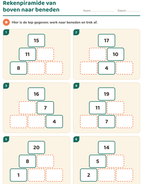 Voorbeeld van het Rekenpiramides-werkblad voor groep 3
