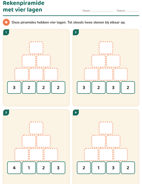 Voorbeeld van het Rekenpiramides-werkblad voor groep 3