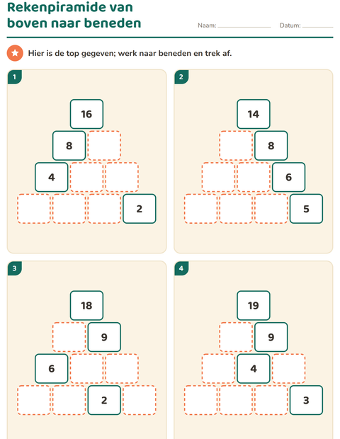 Voorbeeld van het Rekenpiramides-werkblad voor groep 3