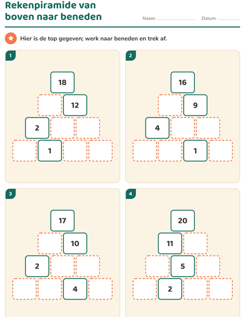 Voorbeeld van het Rekenpiramides-werkblad voor groep 3