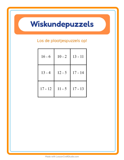 Voorbeeld van het Rekenpuzzel-werkblad met Bakkerij voor groep 3
