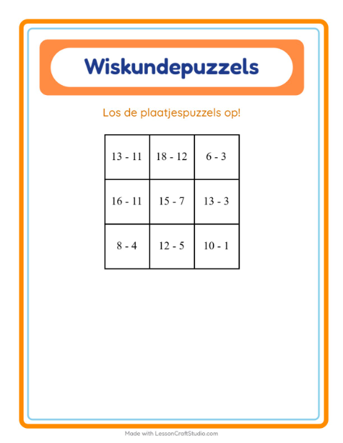 Voorbeeld van het Rekenpuzzel-werkblad met Beroepen voor groep 3
