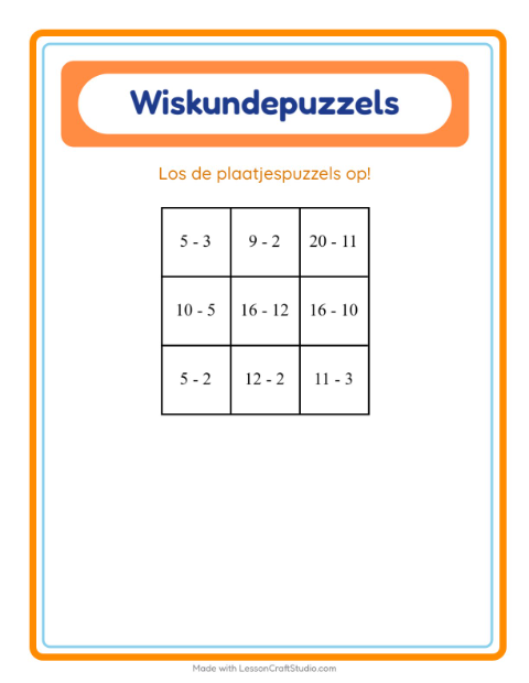 Voorbeeld van het Rekenpuzzel-werkblad met Bomen voor groep 3