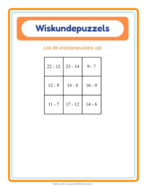 Voorbeeld van het Rekenpuzzel-werkblad met Boswezens voor groep 3