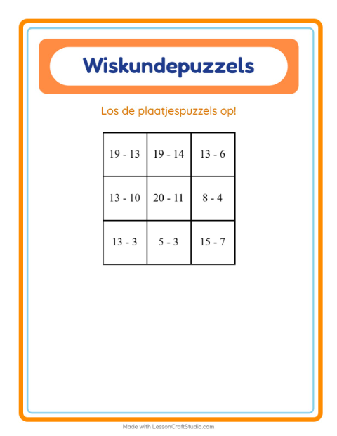 Voorbeeld van het Rekenpuzzel-werkblad met Diversen voor groep 3