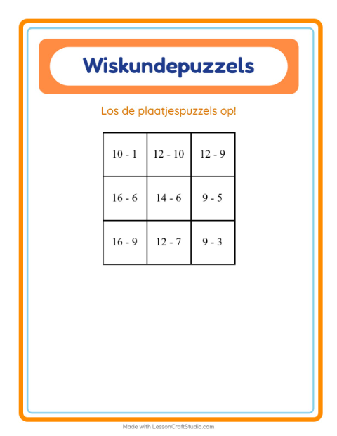 Voorbeeld van het Rekenpuzzel-werkblad met Fruit voor groep 3