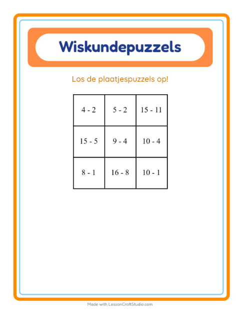 Voorbeeld van het Rekenpuzzel-werkblad met In de supermarkt voor groep 3