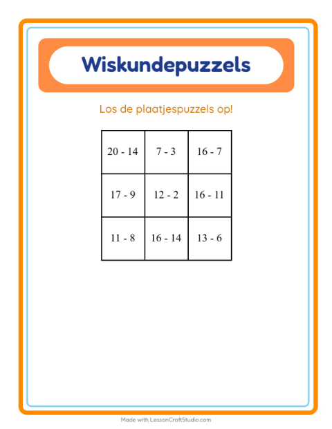 Voorbeeld van het Rekenpuzzel-werkblad met Kamperen voor groep 3