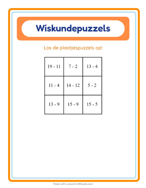 Voorbeeld van het Rekenpuzzel-werkblad met Klaslokaal voor groep 3