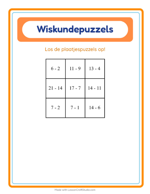 Voorbeeld van het Rekenpuzzel-werkblad met Ontbijt voor groep 3